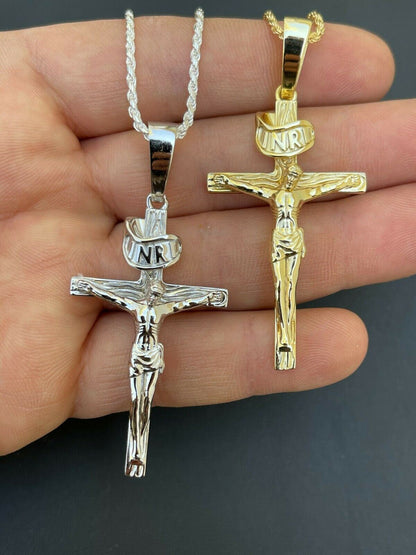 Italiano Silver, Inc LARGE Real 925 Sterling Silver Plain Gold Cross Jesus Crucifix Pendant Necklace