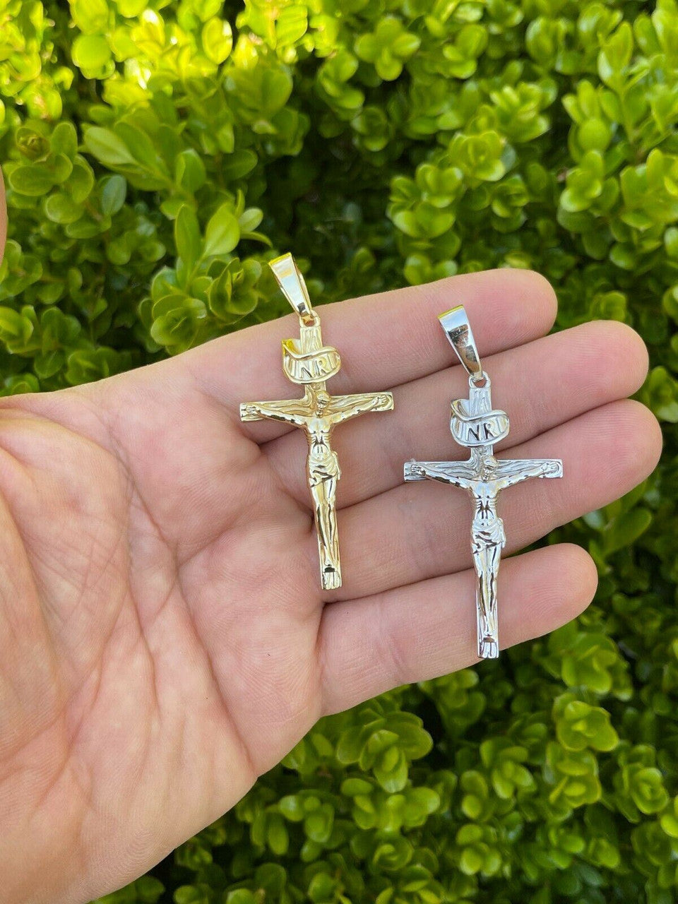 Italiano Silver, Inc LARGE Real 925 Sterling Silver Plain Gold Cross Jesus Crucifix Pendant Necklace