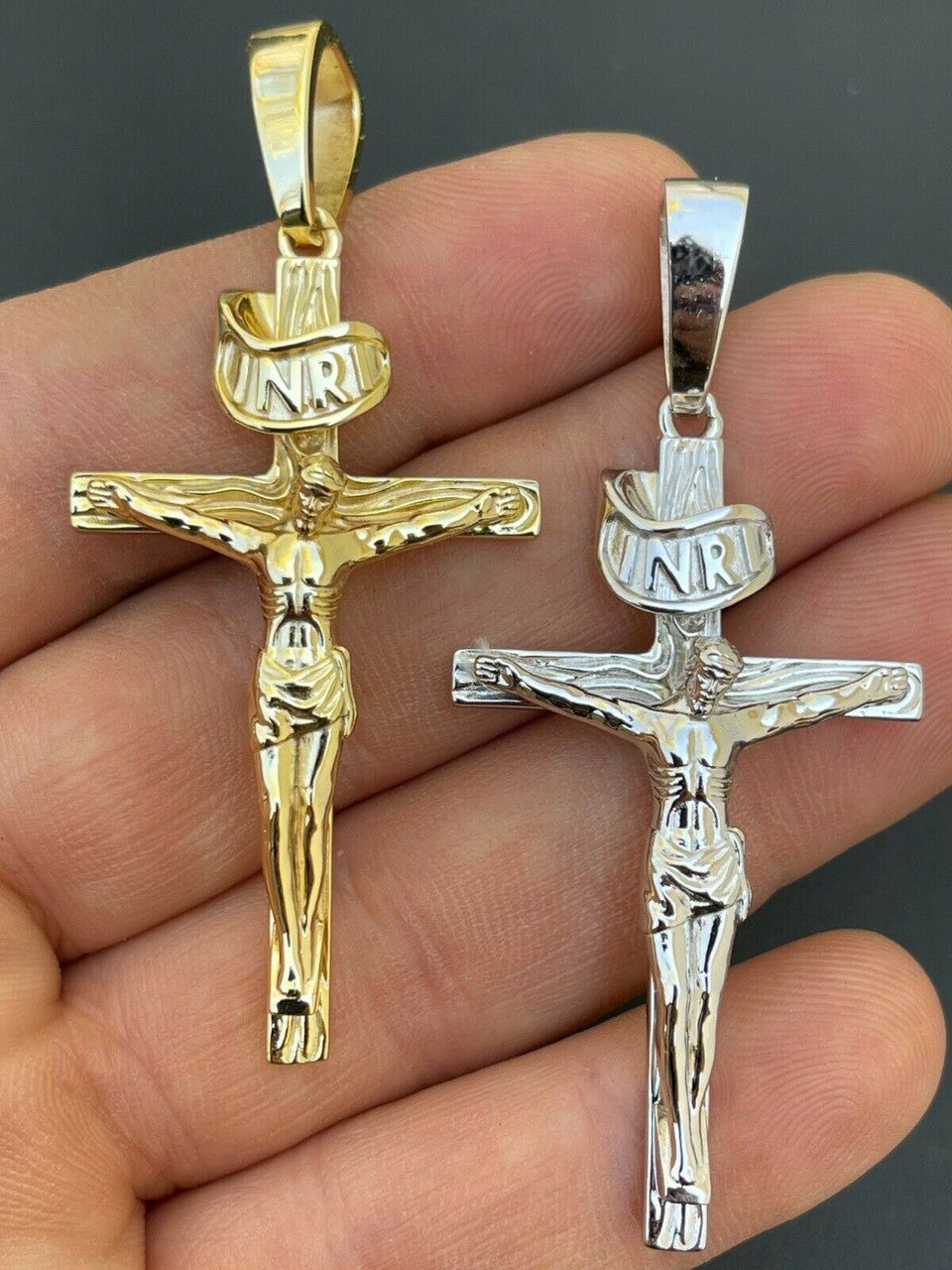 Italiano Silver, Inc LARGE Real 925 Sterling Silver Plain Gold Cross Jesus Crucifix Pendant Necklace
