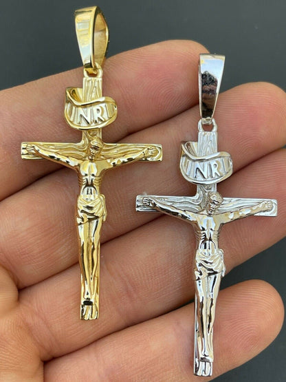 Italiano Silver, Inc LARGE Real 925 Sterling Silver Plain Gold Cross Jesus Crucifix Pendant Necklace