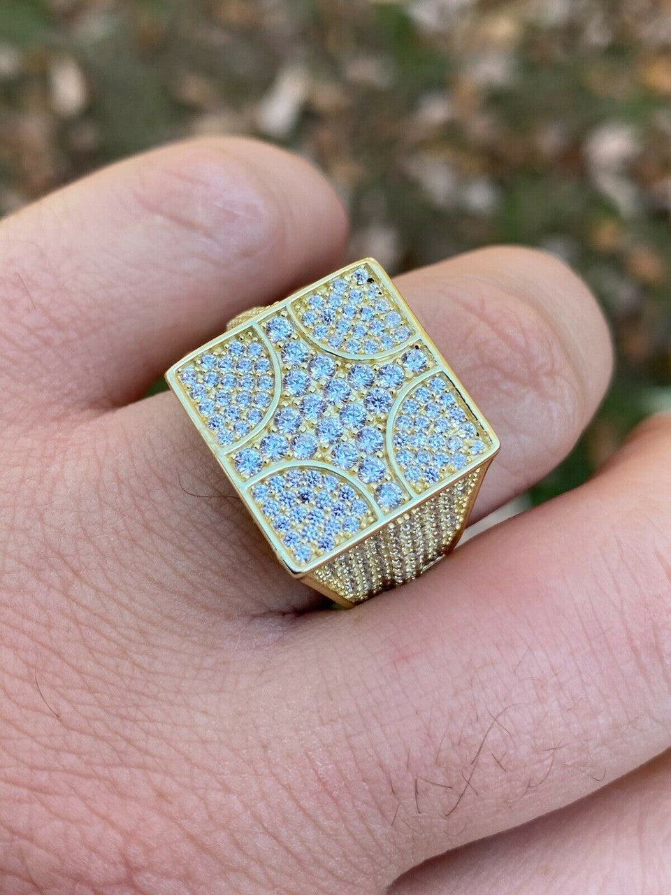 Italiano Silver, Inc Large Real Solid 925 Sterling Silver 14k Gold Mens Diamond Ring Hip Hop Iced