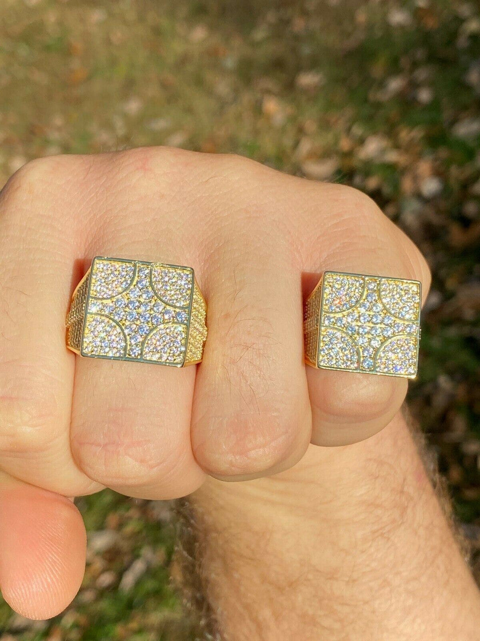 Italiano Silver, Inc Large Real Solid 925 Sterling Silver 14k Gold Mens Diamond Ring Hip Hop Iced