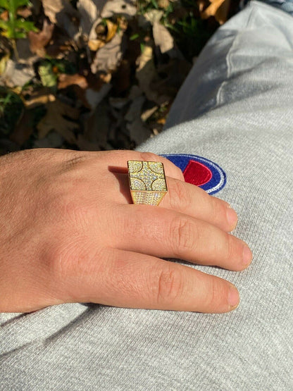 Italiano Silver, Inc Large Real Solid 925 Sterling Silver 14k Gold Mens Diamond Ring Hip Hop Iced