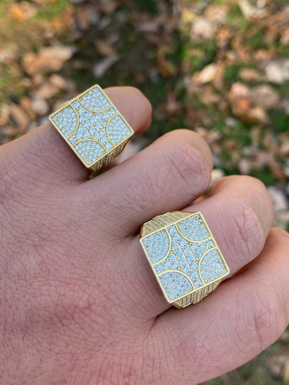 Italiano Silver, Inc Large Real Solid 925 Sterling Silver 14k Gold Mens Diamond Ring Hip Hop Iced