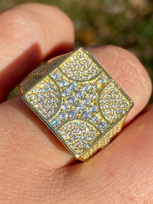 Italiano Silver, Inc Large Real Solid 925 Sterling Silver 14k Gold Mens Diamond Ring Hip Hop Iced