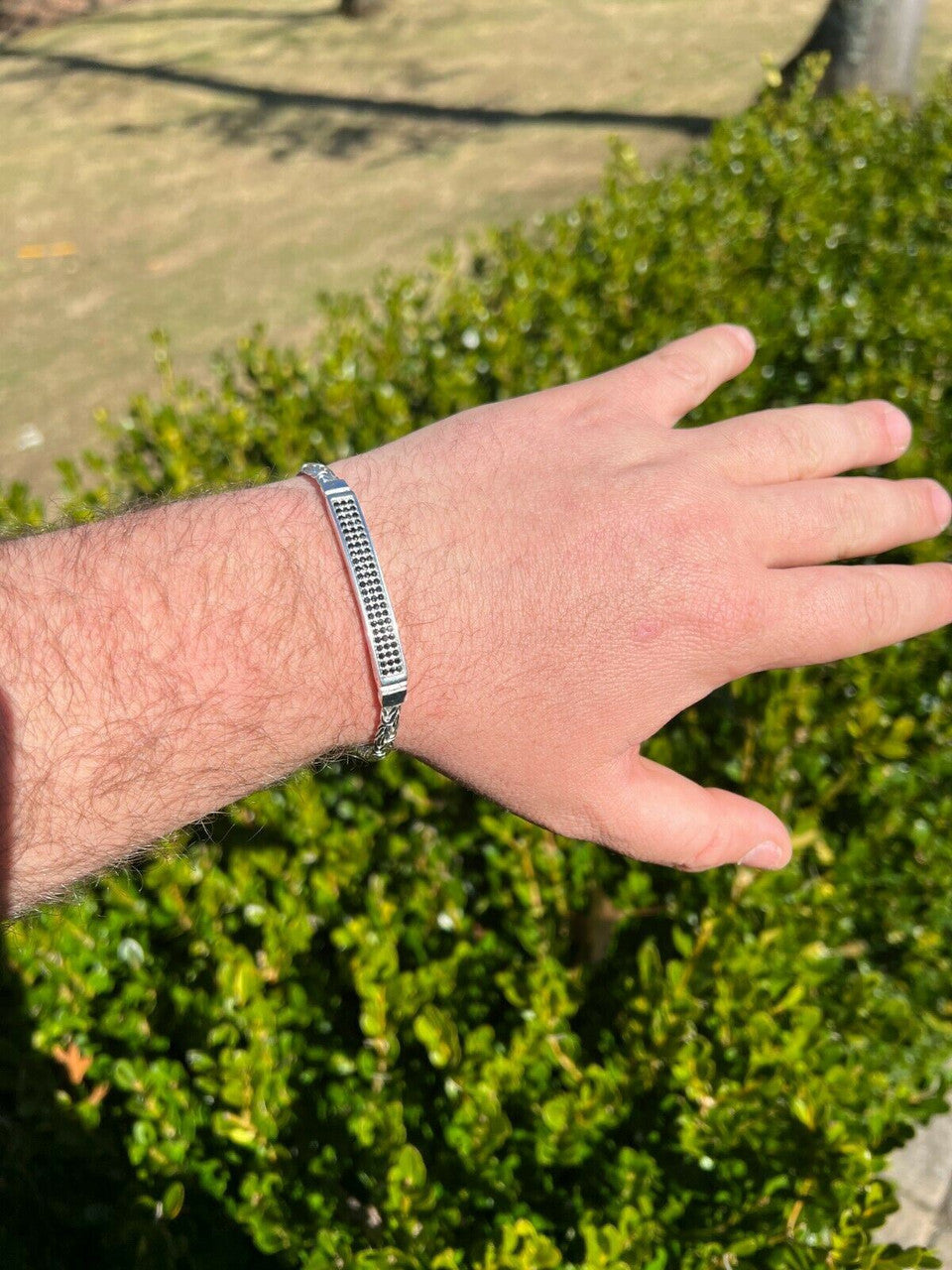 Italiano Silver, Inc Men Byzantine Presidential ID Bracelet Real 925 Silver Ice Black Diamond HipHop