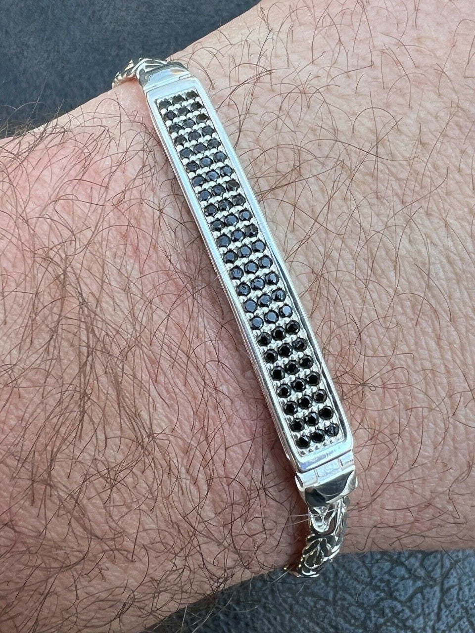 Italiano Silver, Inc Men Byzantine Presidential ID Bracelet Real 925 Silver Ice Black Diamond HipHop