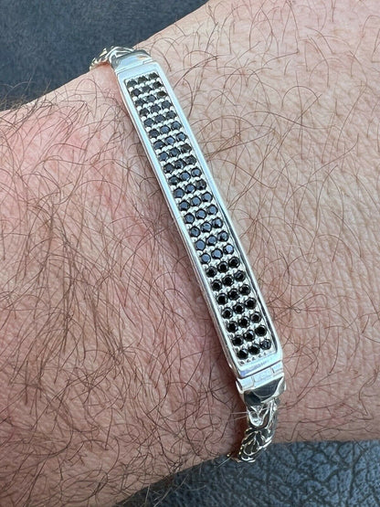 Italiano Silver, Inc Men Byzantine Presidential ID Bracelet Real 925 Silver Ice Black Diamond HipHop