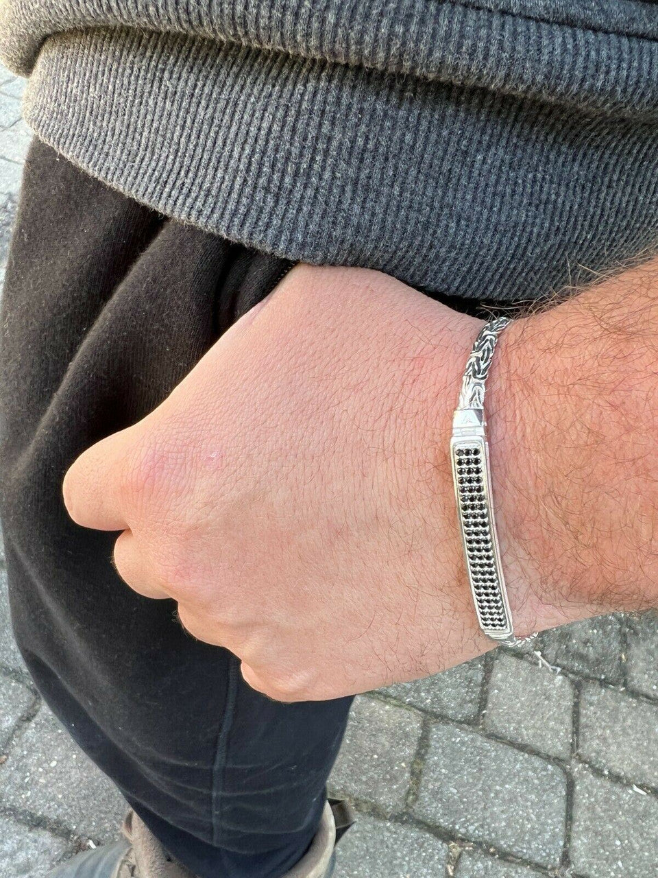 Italiano Silver, Inc Men Byzantine Presidential ID Bracelet Real 925 Silver Ice Black Diamond HipHop