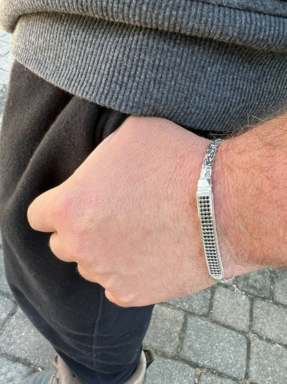 Italiano Silver, Inc Men Byzantine Presidential ID Bracelet Real 925 Silver Ice Black Diamond HipHop