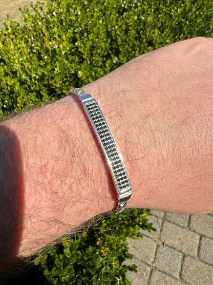 Italiano Silver, Inc Men Byzantine Presidential ID Bracelet Real 925 Silver Ice Black Diamond HipHop