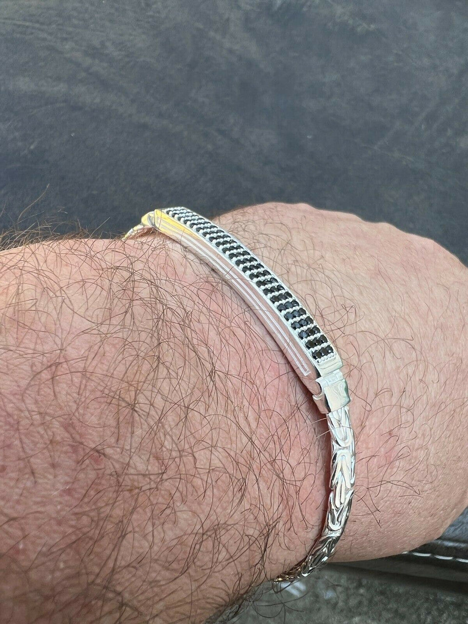 Italiano Silver, Inc Men Byzantine Presidential ID Bracelet Real 925 Silver Ice Black Diamond HipHop