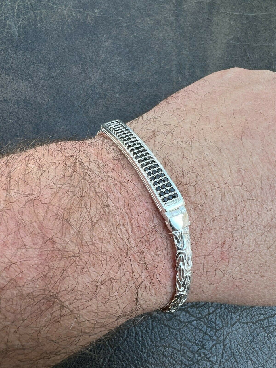 Italiano Silver, Inc Men Byzantine Presidential ID Bracelet Real 925 Silver Ice Black Diamond HipHop