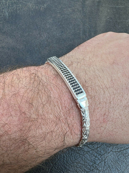 Italiano Silver, Inc Men Byzantine Presidential ID Bracelet Real 925 Silver Ice Black Diamond HipHop