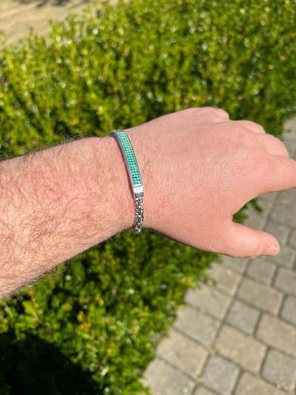 Italiano Silver, Inc Men Byzantine Presidential ID Bracelet Real 925 Silver Iced Green Eemerald Stone