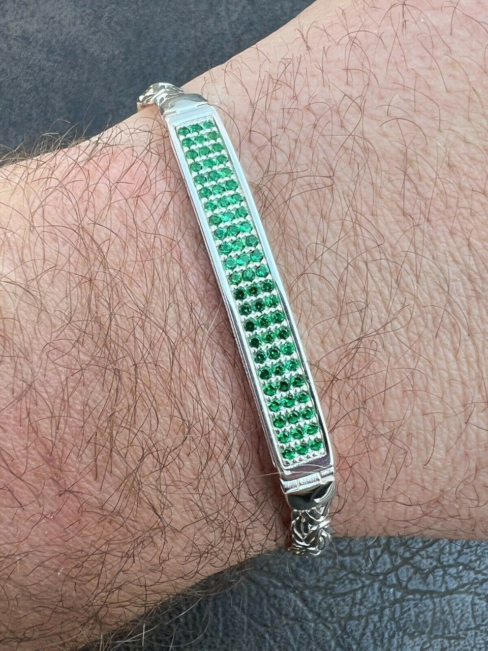 Italiano Silver, Inc Men Byzantine Presidential ID Bracelet Real 925 Silver Iced Green Eemerald Stone