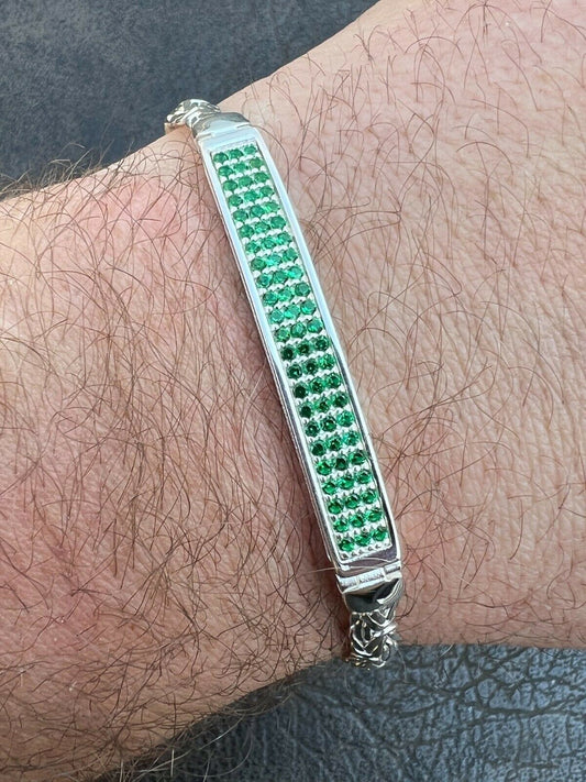 Italiano Silver, Inc Men Byzantine Presidential ID Bracelet Real 925 Silver Iced Green Eemerald Stone