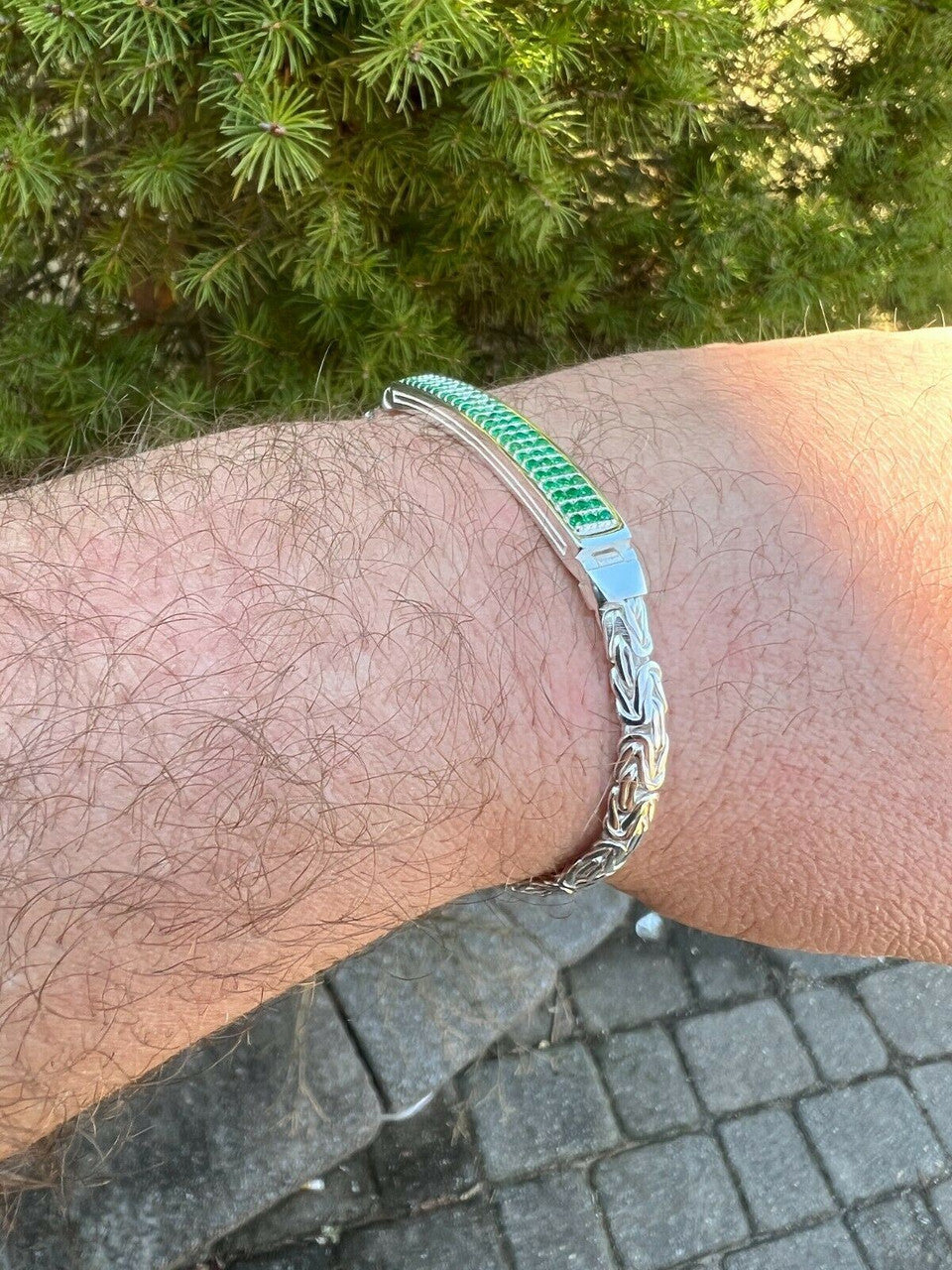 Italiano Silver, Inc Men Byzantine Presidential ID Bracelet Real 925 Silver Iced Green Eemerald Stone