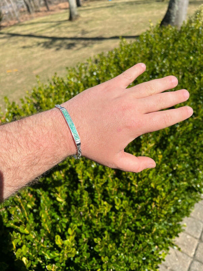 Italiano Silver, Inc Men Byzantine Presidential ID Bracelet Real 925 Silver Iced Green Eemerald Stone