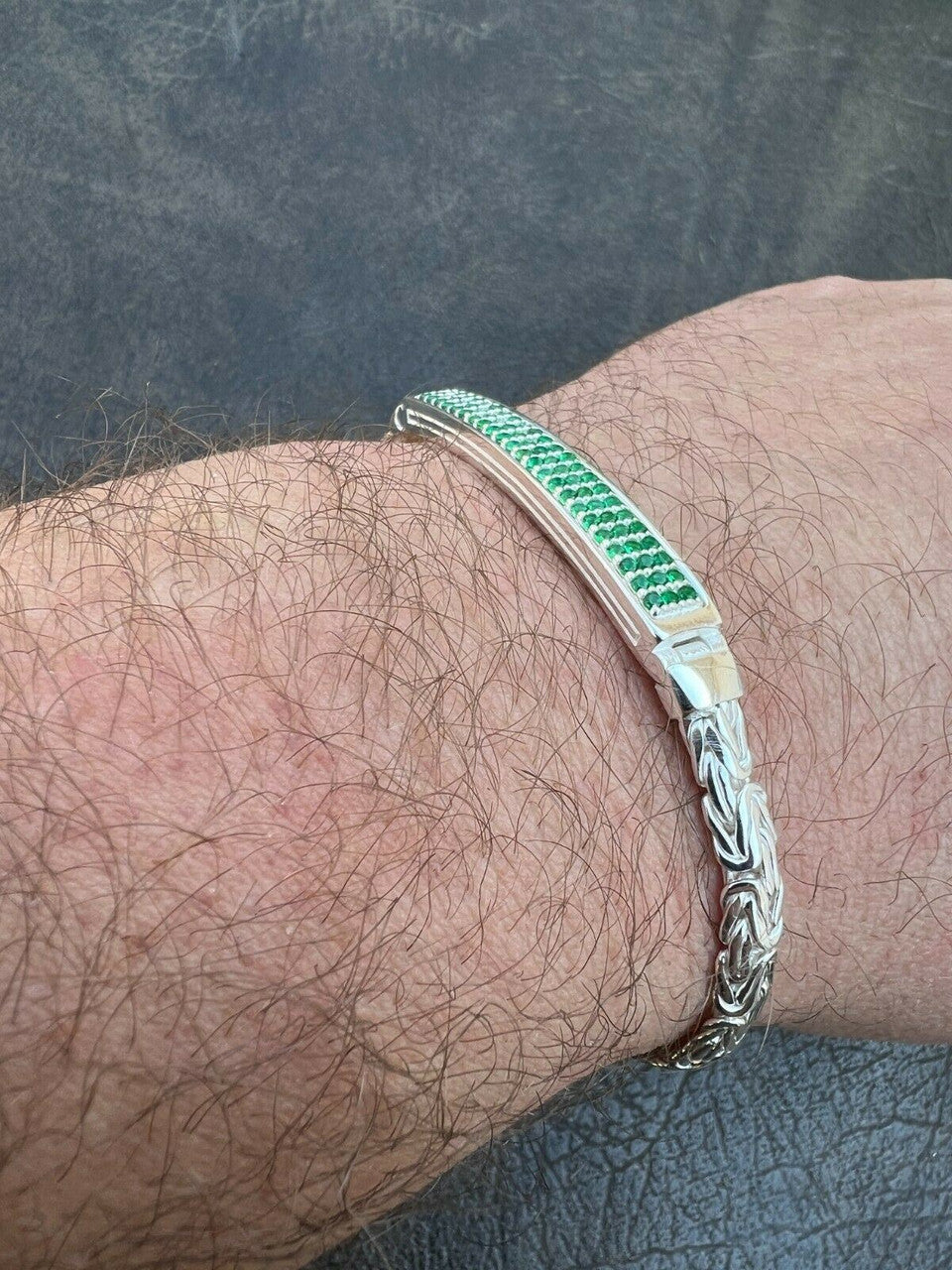 Italiano Silver, Inc Men Byzantine Presidential ID Bracelet Real 925 Silver Iced Green Eemerald Stone