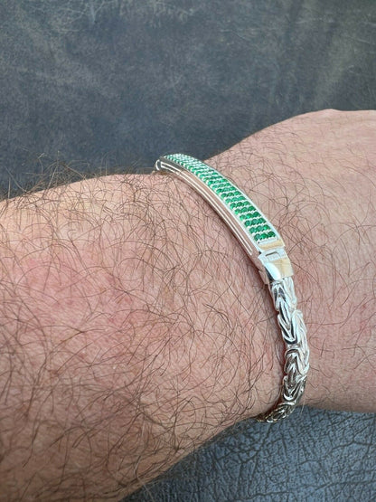 Italiano Silver, Inc Men Byzantine Presidential ID Bracelet Real 925 Silver Iced Green Eemerald Stone