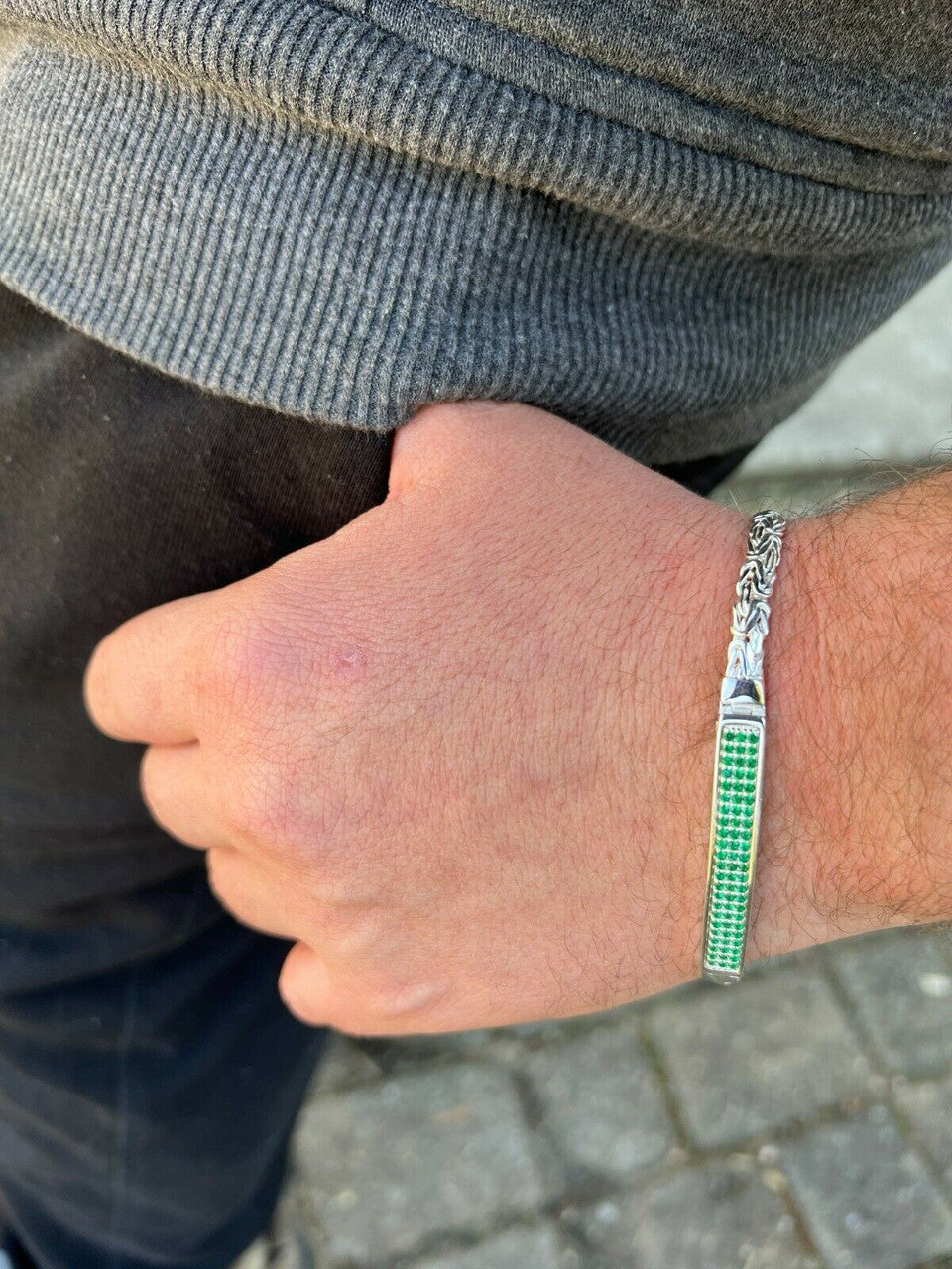 Italiano Silver, Inc Men Byzantine Presidential ID Bracelet Real 925 Silver Iced Green Eemerald Stone