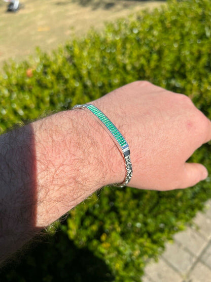 Italiano Silver, Inc Men Byzantine Presidential ID Bracelet Real 925 Silver Iced Green Eemerald Stone