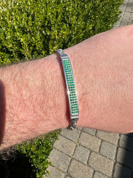 Italiano Silver, Inc Men Byzantine Presidential ID Bracelet Real 925 Silver Iced Green Eemerald Stone