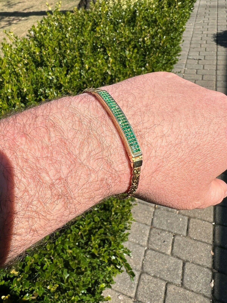 Italiano Silver, Inc Men Presidential ID Bracelet 14k Gold Vermeil Silver Iced Green Emerald Hip Hop