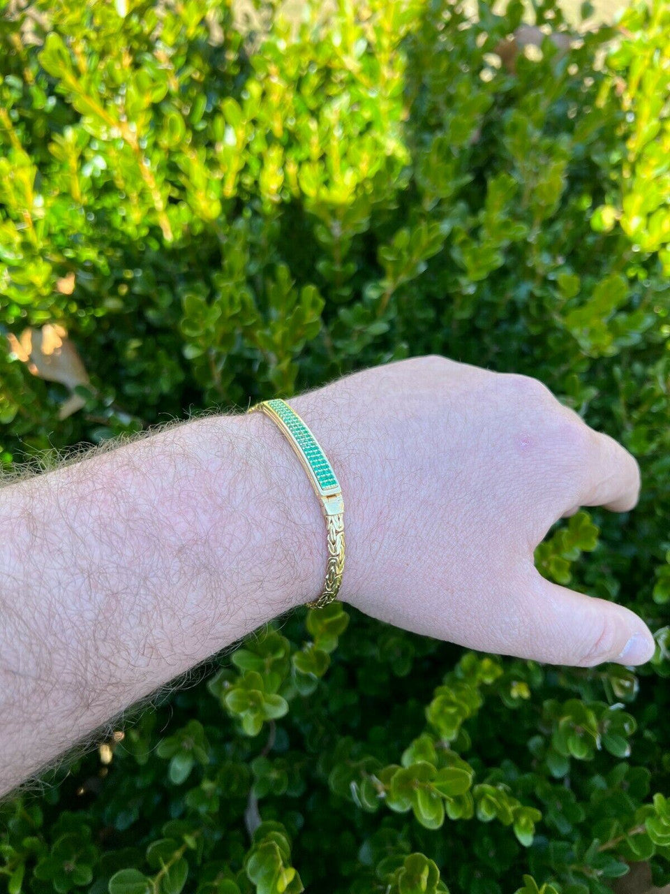 Italiano Silver, Inc Men Presidential ID Bracelet 14k Gold Vermeil Silver Iced Green Emerald Hip Hop