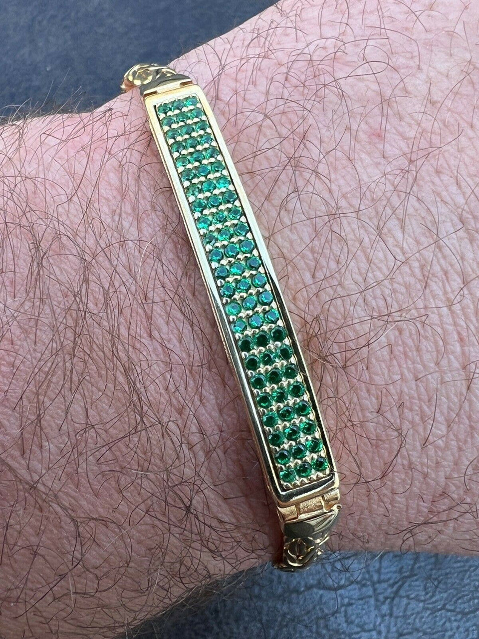 Italiano Silver, Inc Men Presidential ID Bracelet 14k Gold Vermeil Silver Iced Green Emerald Hip Hop