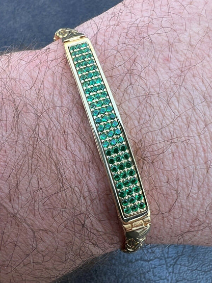 Italiano Silver, Inc Men Presidential ID Bracelet 14k Gold Vermeil Silver Iced Green Emerald Hip Hop
