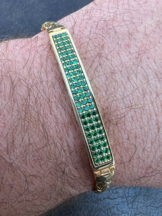 Italiano Silver, Inc Men Presidential ID Bracelet 14k Gold Vermeil Silver Iced Green Emerald Hip Hop
