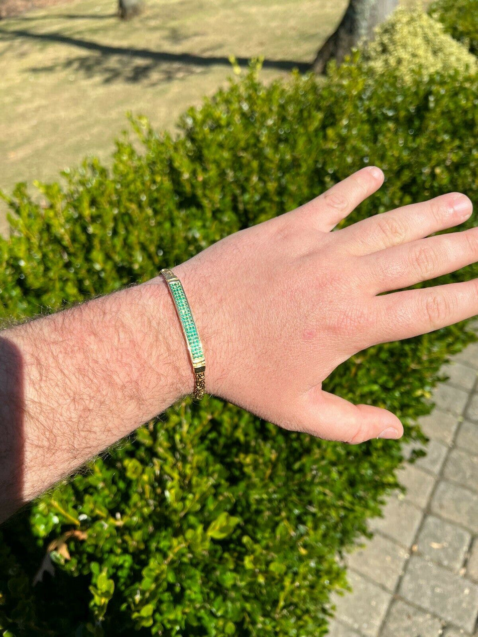 Italiano Silver, Inc Men Presidential ID Bracelet 14k Gold Vermeil Silver Iced Green Emerald Hip Hop