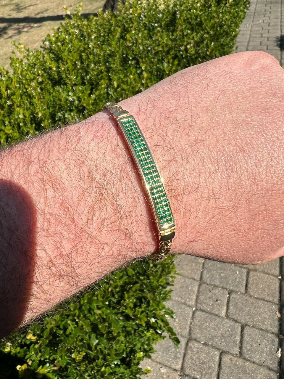 Italiano Silver, Inc Men Presidential ID Bracelet 14k Gold Vermeil Silver Iced Green Emerald Hip Hop