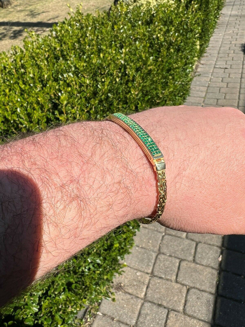 Italiano Silver, Inc Men Presidential ID Bracelet 14k Gold Vermeil Silver Iced Green Emerald Hip Hop