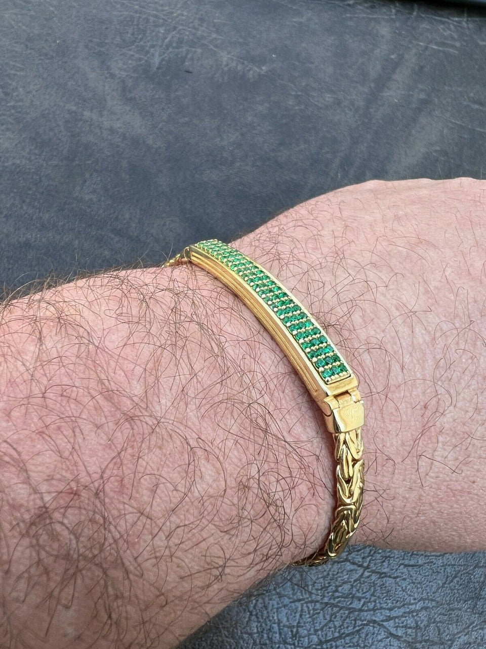 Italiano Silver, Inc Men Presidential ID Bracelet 14k Gold Vermeil Silver Iced Green Emerald Hip Hop