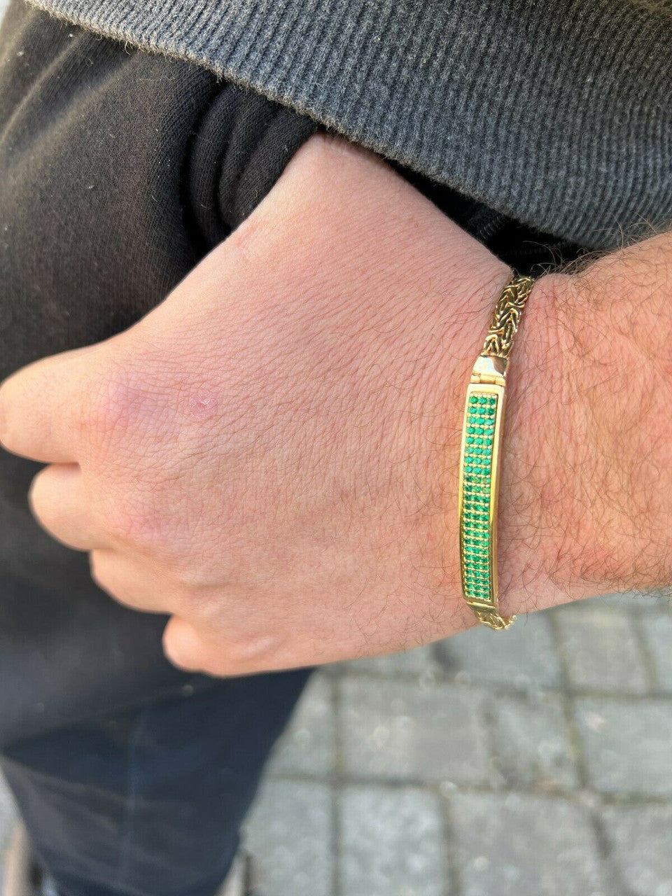 Italiano Silver, Inc Men Presidential ID Bracelet 14k Gold Vermeil Silver Iced Green Emerald Hip Hop