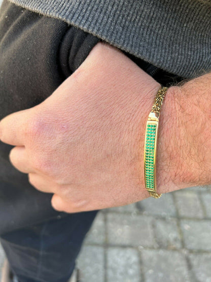 Italiano Silver, Inc Men Presidential ID Bracelet 14k Gold Vermeil Silver Iced Green Emerald Hip Hop
