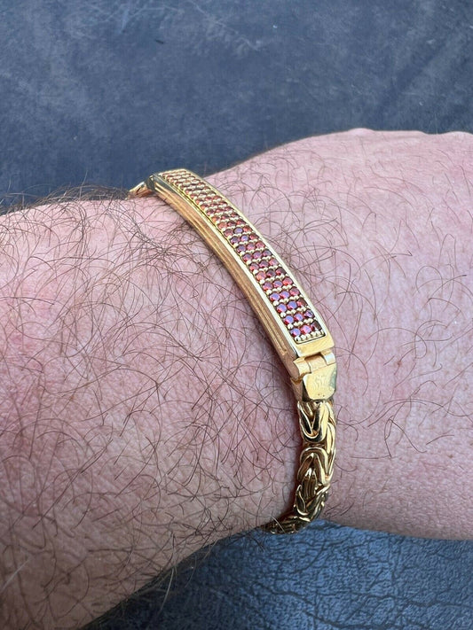 Italiano Silver, Inc Men Real Presidential ID Bracelet 14k Gold Vermeil Silver Iced Red Ruby Hip Hop