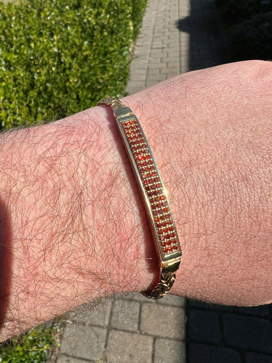 Italiano Silver, Inc Men Real Presidential ID Bracelet 14k Gold Vermeil Silver Iced Red Ruby Hip Hop