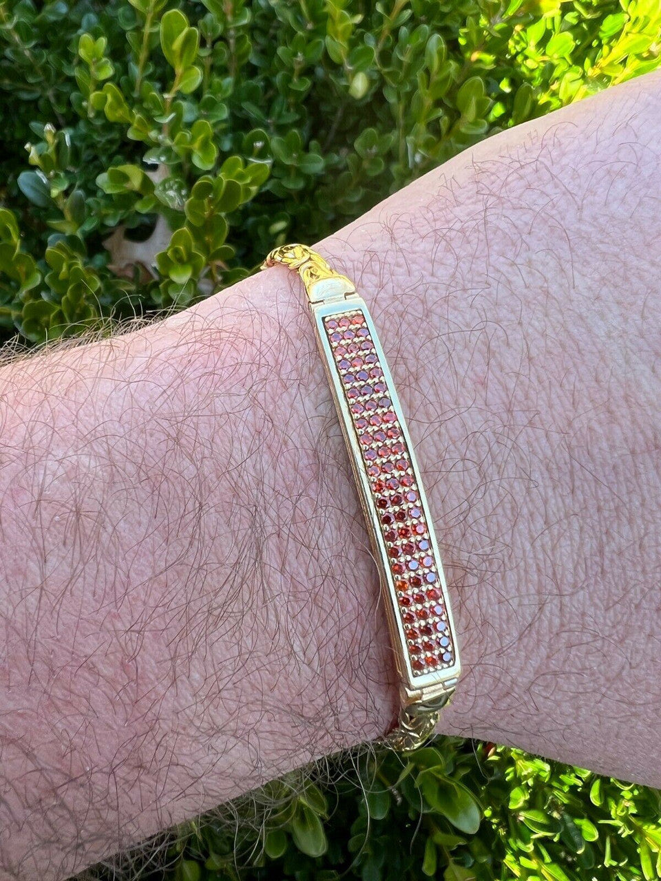 Italiano Silver, Inc Men Real Presidential ID Bracelet 14k Gold Vermeil Silver Iced Red Ruby Hip Hop
