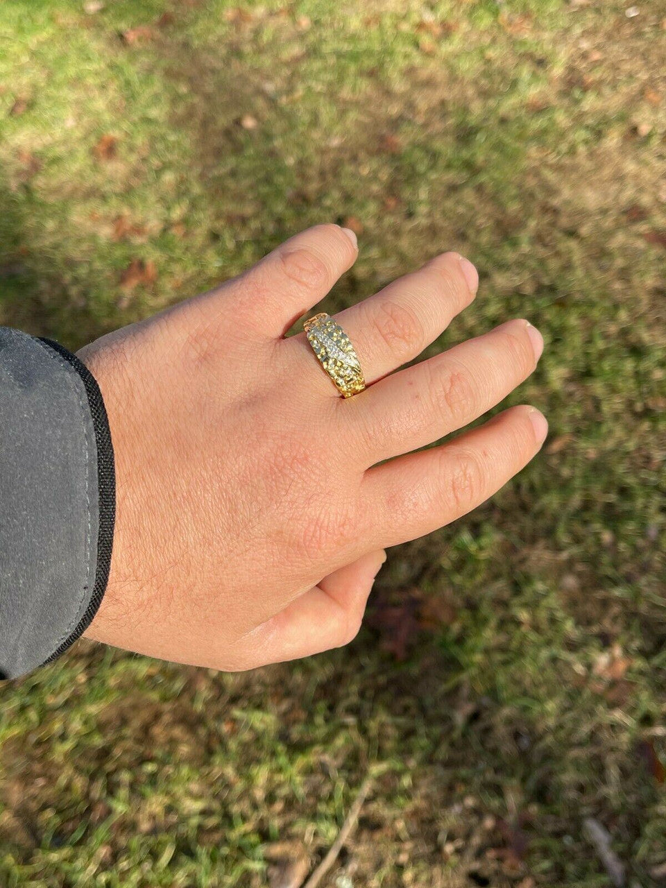 Italiano Silver, Inc Men REAL Solid 925 Sterling Silver and 14k Gold Nugget Band Ring W Iced Claw Mark