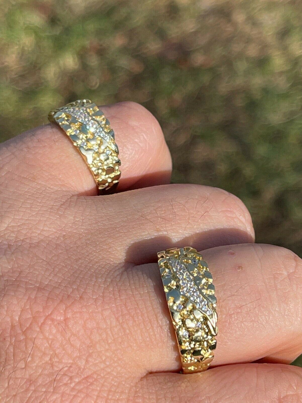 Italiano Silver, Inc Men REAL Solid 925 Sterling Silver and 14k Gold Nugget Band Ring W Iced Claw Mark