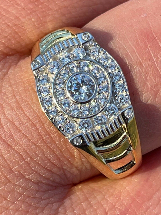 Italiano Silver, Inc Mens 14k Gold and Real 925 Sterling Silver Iced Diamond Solitaire Pinky Ring Band