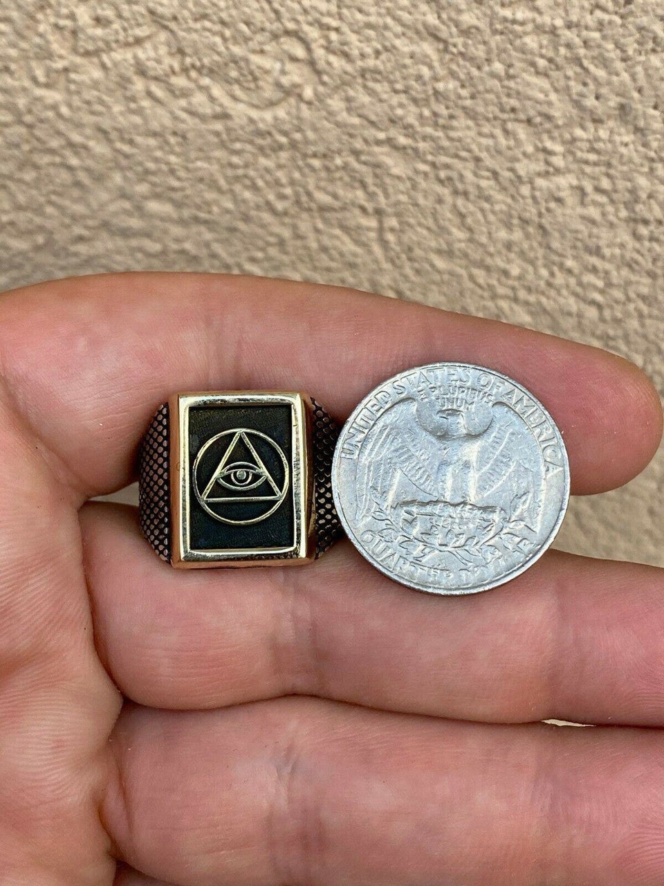 Italiano Silver, Inc Mens 14k Gold and Real Solid 925 Silver All Seeing Eye Of Providence Masonic Ring