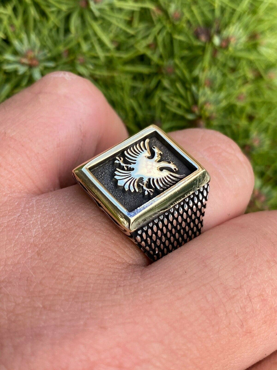 Italiano Silver, Inc Mens 14k Gold and Real Solid 925 Sterling Silver Albanian Double Headed Eagle Ring