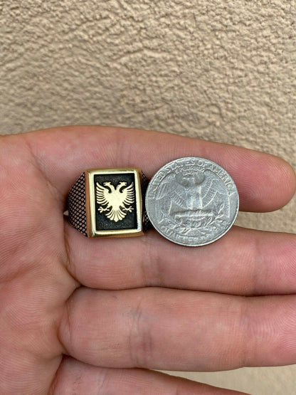 Italiano Silver, Inc Mens 14k Gold and Real Solid 925 Sterling Silver Albanian Double Headed Eagle Ring