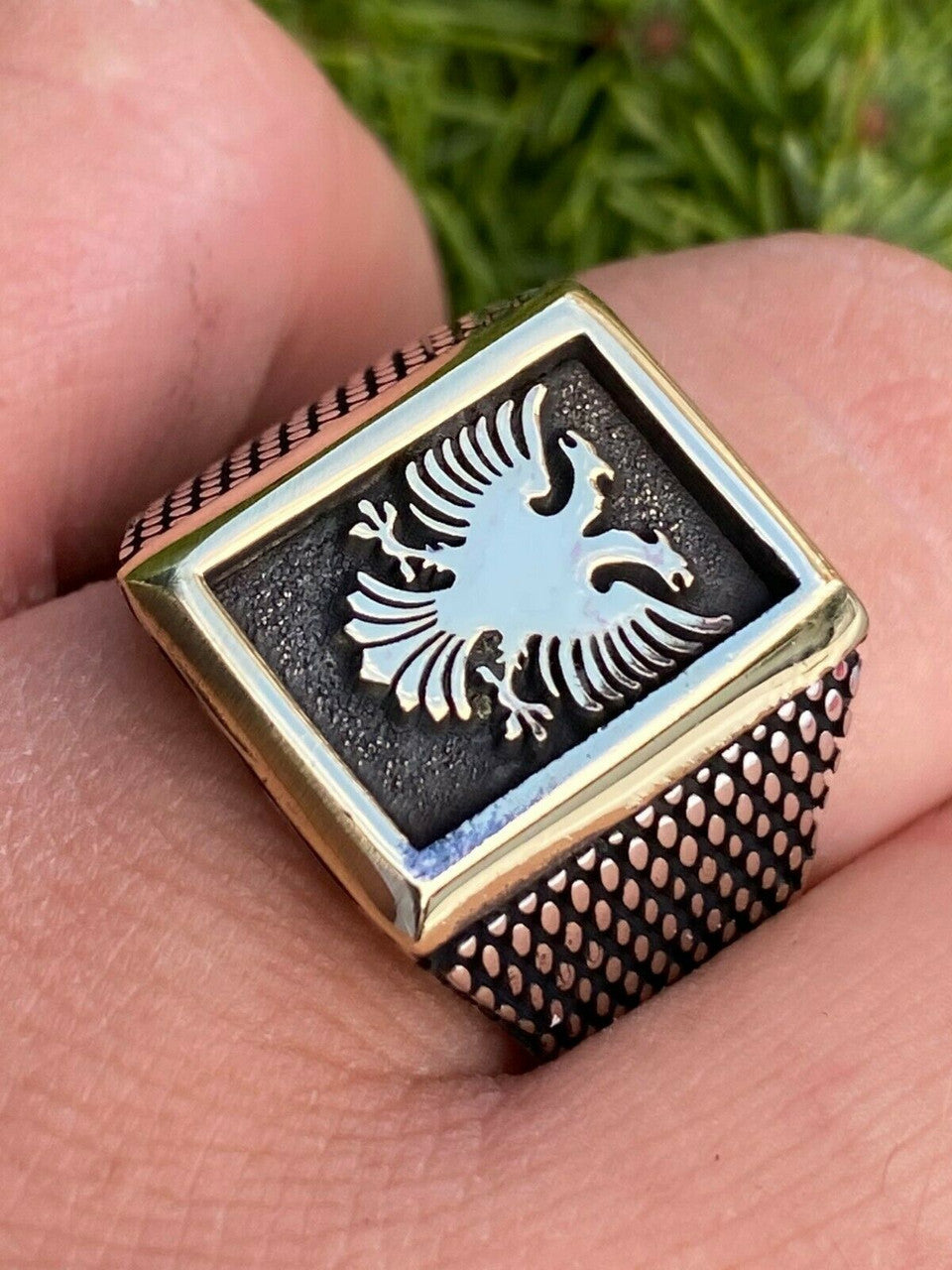 Italiano Silver, Inc Mens 14k Gold and Real Solid 925 Sterling Silver Albanian Double Headed Eagle Ring
