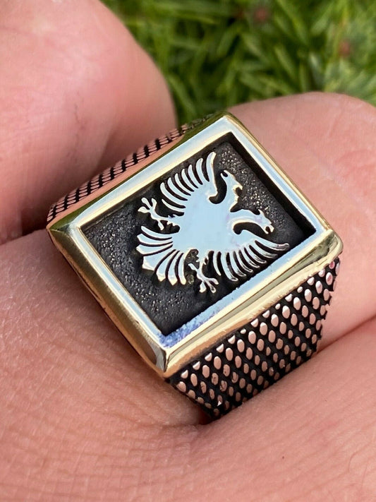 Italiano Silver, Inc Mens 14k Gold and Real Solid 925 Sterling Silver Albanian Double Headed Eagle Ring